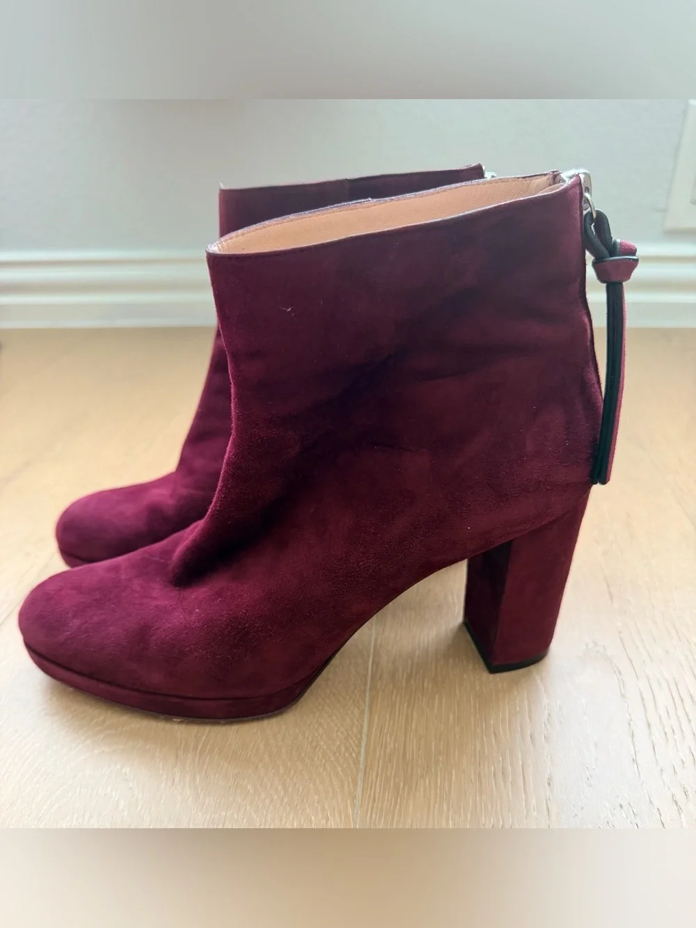 Stuart Weitzman Burgundy Suede Block Heel Ankle Booties